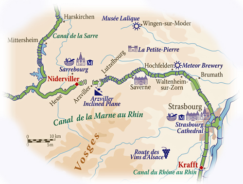 Mapa del Itinerario ALSACIA - LORENA a bordo de la Barcaza PANACHE CRUCEROS FLUVIALES DE LUJO CRUCEROS EN BARCAZA PANACHE BARGE CRUISE BARGE HOTEL CRUCEROS ALSACIA LORENA CRUISES ALSACE LORRAINE BARGE CRUISES